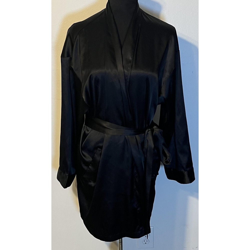 Victoria's Secret Robe Womens One Size Black Satin‎ Kimono Belted Long Sleeve